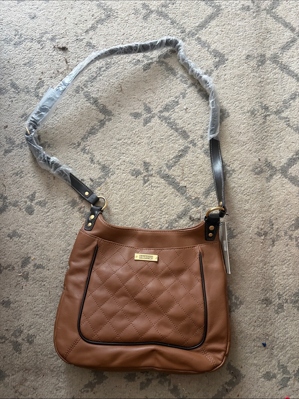 Quilted Tan Shoulder Bag with Gold Accent Plaque